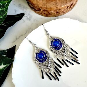 Bohemian Peacock Feather Earrings Royal Blue Silver Boho Rhinestone Dangle NEW